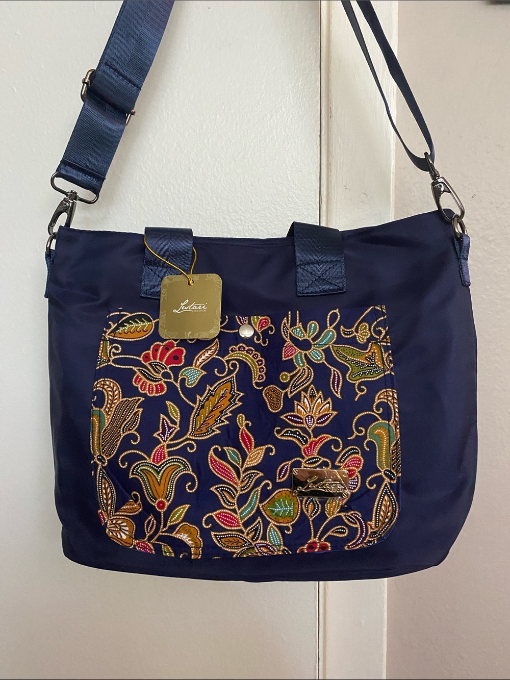 Lolli Navy Shoulder Bag with Multicolor Embroidered Front Pocket